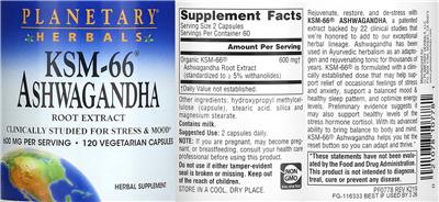 KSM-66 Ashwagandha Root Extract 600 mg label