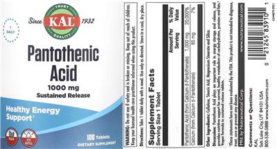 Pantothenic Acid 1000 mg label