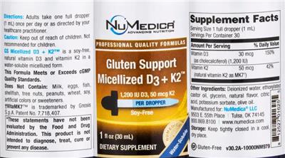 Gluten Support Micellized D3 1,200 IU + K2 50 mcg label