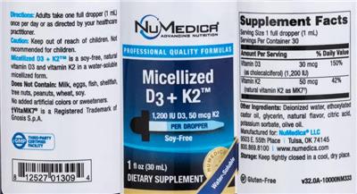 Micellized D3 1,200 IU + K2 50 mcg label