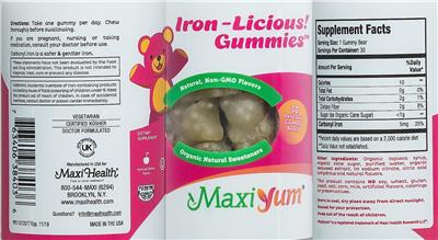 Iron-Licious Gummies Natural Cherry Flavor label