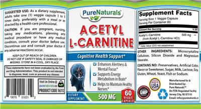 Acetyl L-Carnitine 500 mg label