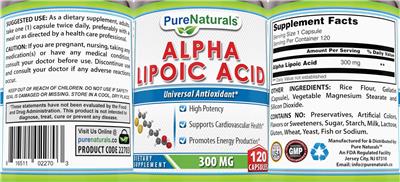 Alpha Lipoic Acid 300 mg label