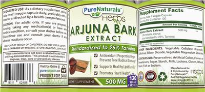 Arjuna Bark Extract 500 mg label