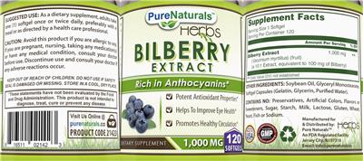 Bilberry Extract 1,000 mg label