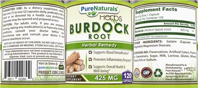 Burdock Root 425 mg label