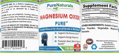 Magnesium Oxide Pure 500 mg label