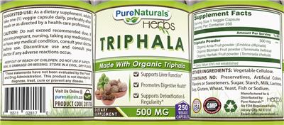 Triphala 500 mg label