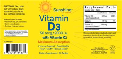 Vitamin D3 50 mcg/2000 IU with Vitamin K2 label