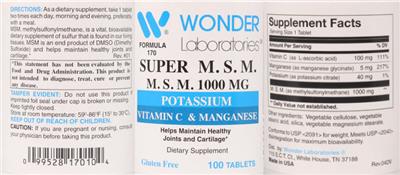 Super M.S.M. 1000 mg label