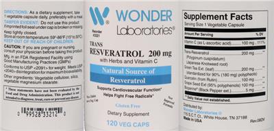 Trans Resveratrol 200 mg label