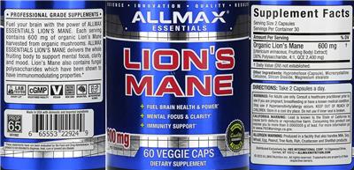 Lion's Mane 600 mg label