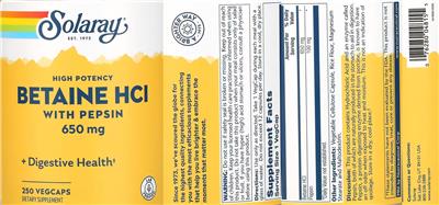 High Potency Betaine HCl 650 mg label