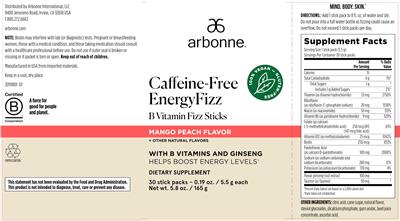 Caffeine-Free EnergyFizz Mango Peach Flavor label