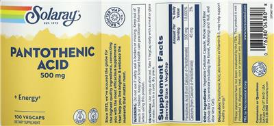 Pantothenic Acid 500 mg label