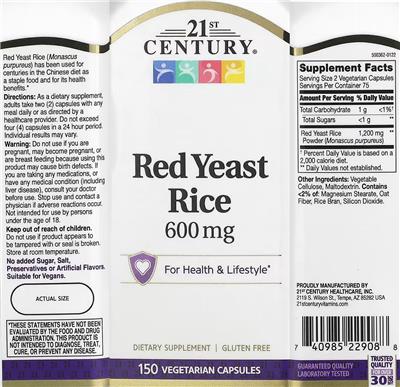 Red Yeast Rice 600 mg label