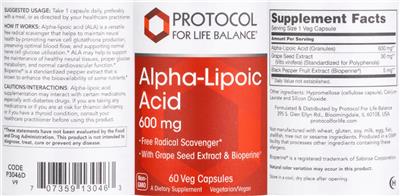 Alpha-Lipoic Acid 600 mg label