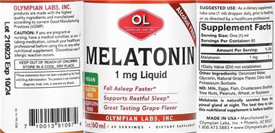 Melatonin 1 mg Liquid Grape Flavor label