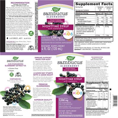 Sambucus Nighttime Syrup with Melatonin for Kids label