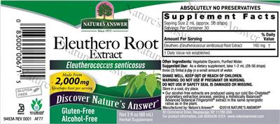 Eleuthero Root Extract 2,000 mg Alcohol-Free label