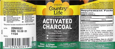 Coconut Activated Charcoal 260 mg label