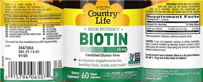 High Potency Biotin 10 mg label