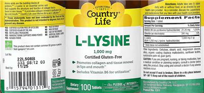 L-Lysine 1,000 mg label