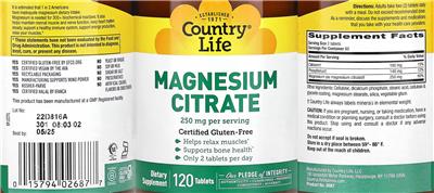 Magnesium Citrate 250 mg label