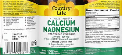 Calcium 1,000 mg Magnesium 500 mg with Vitamin D 10 mcg (400 I.U.) Complex label