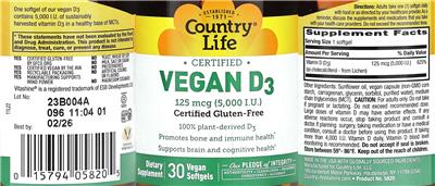 Certified Vegan D3 125 mcg (5,000 IU) label