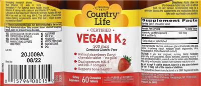 Certified Vegan K2 500 mcg Natural Strawberry Flavor label