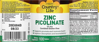 Zinc Picolinate 25 mg label
