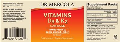Vitamins D3 1,000 IU & K2 45 mcg Low Dose label