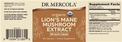 Organic Lion's Mane Mushroom Extract 500 mg label