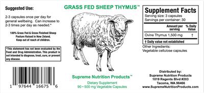 Grass Fed Sheep Thymus 500 mg label