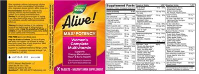 Alive! Max3 Potency Women's Complete Multivitamin label