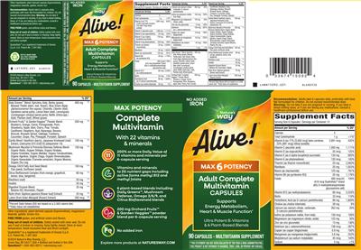 Alive! Max 6 Potency Adult Complete Multivitamin No Added Iron label