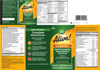 Alive! Max6 Potency Adult Complete Multivitamin with Iron label