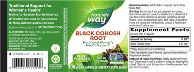 Black Cohosh Root 540 mg label