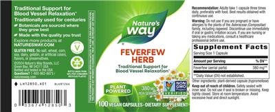 Feverfew Herb 380 mg label