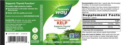 Kelp Whole Thallus 600 mg label
