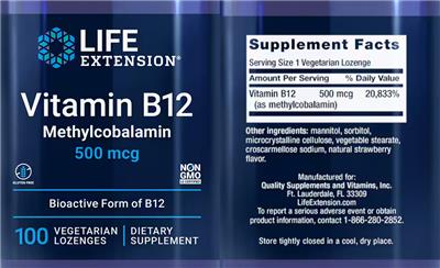 Vitamin B12 Methylcobalamin 500 mcg label
