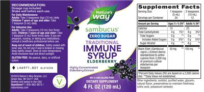 Sambucus Traditional Elderberry Immune Syrup Zero Sugar label