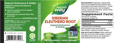 Siberian Eleuthero Root 1,275 mg label