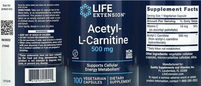 Acetyl-L-Carnitine 500 mg label
