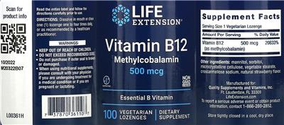 Vitamin B12 Methylcobalamin 500 mcg label