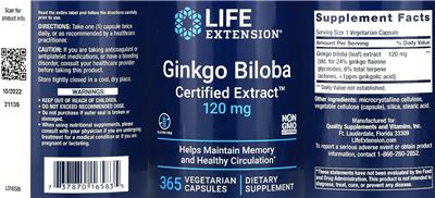 Ginkgo Biloba Certified Extract 120 mg label