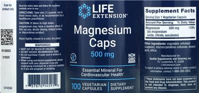 Magnesium Caps 500 mg label