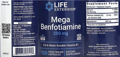 Mega Benfotiamine 250 mg label