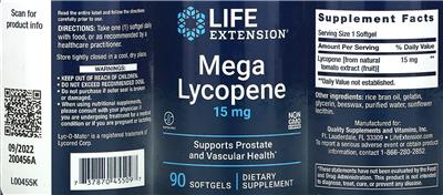 Mega Lycopene 15 mg label